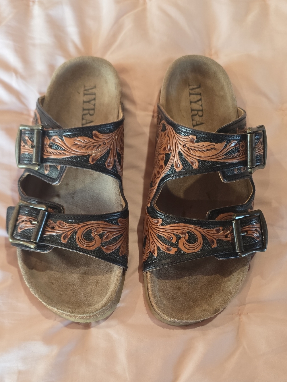 Myra Bag Black and Brown Tooled Leather Double Buckle Slide Sandals